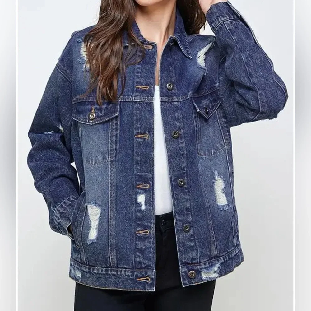 Women's Oversized Destroyed Denim Jacket - Picture 1 of 14